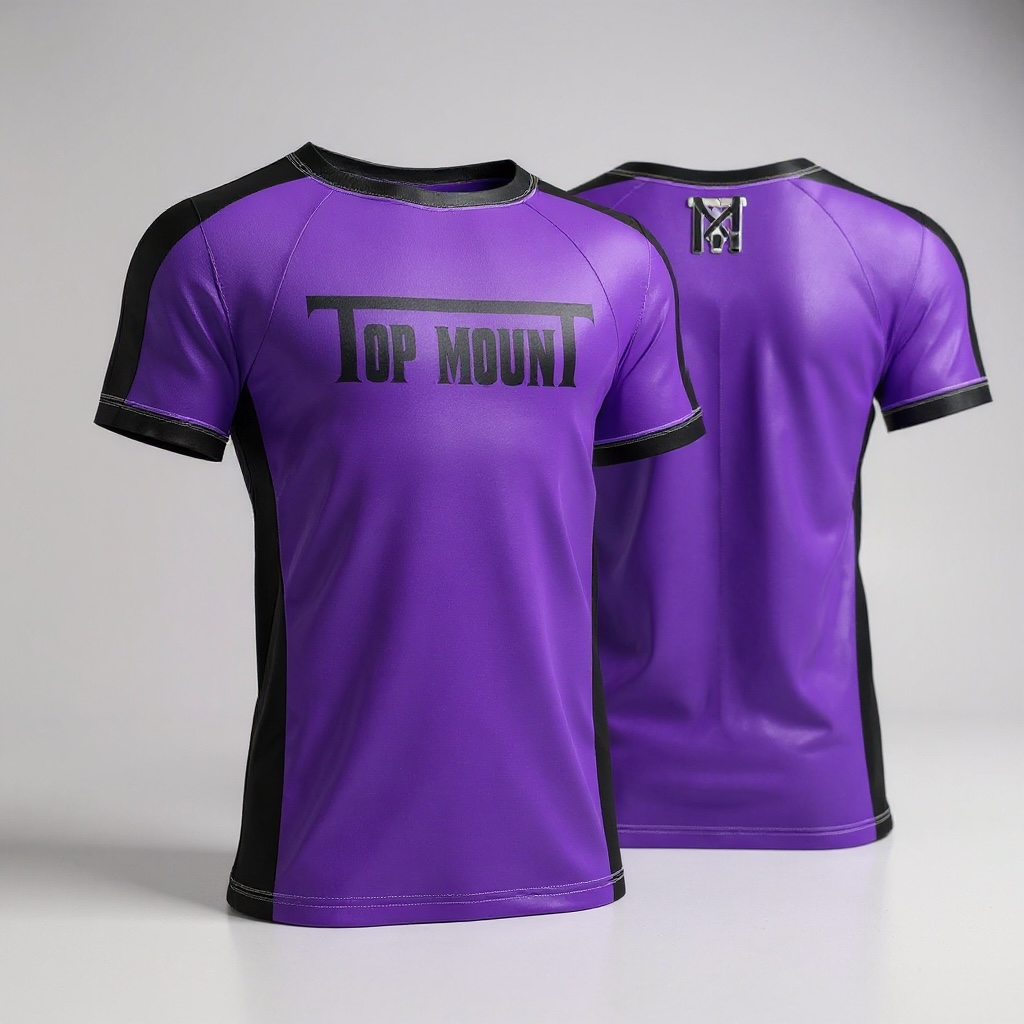 Purple and black short-sleeve Top Mount ranked BJJ rashguard showing the front chest logo and back design.