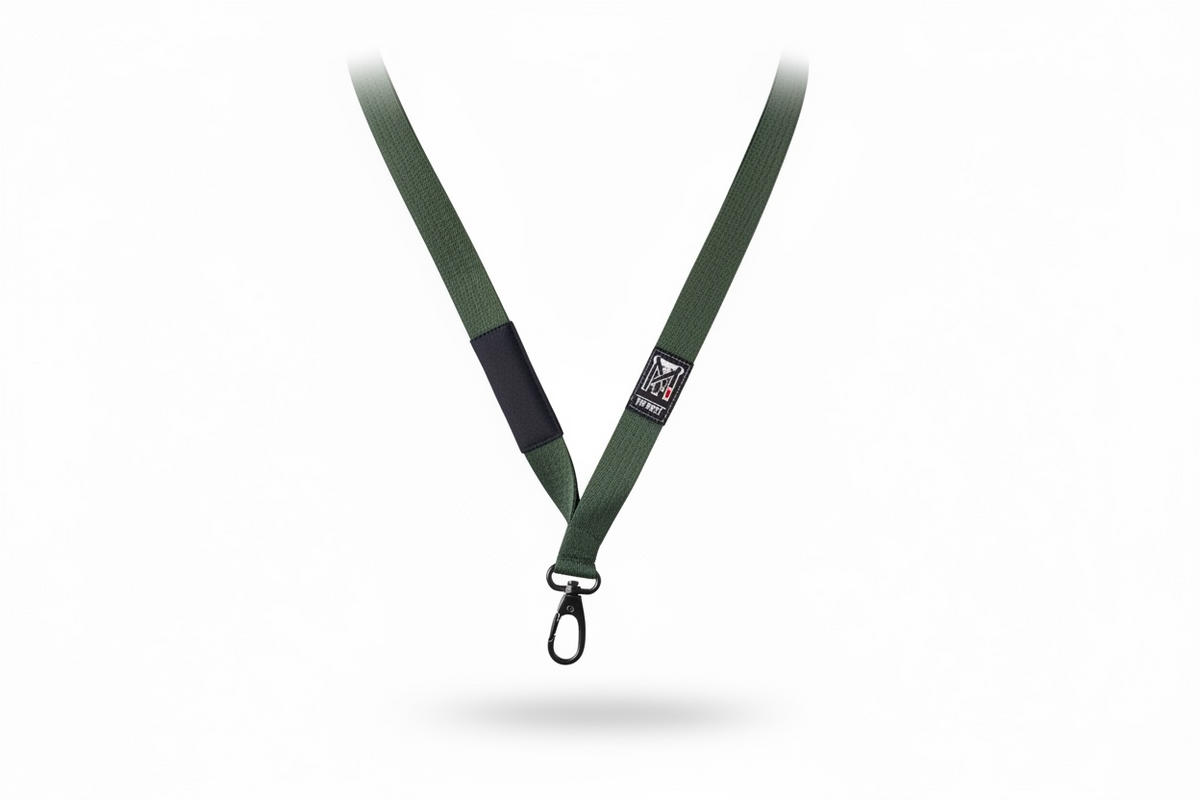 TopmounT Green Jiu Jitsu Rank Lanyard with industrial-grade metal swivel hook and woven brand logo on white background.