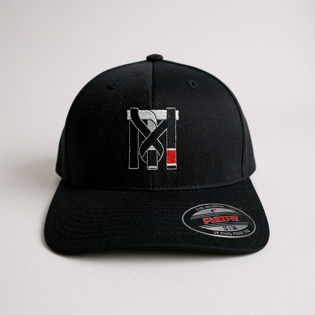 Black Top Mount BJJ Flex Fit hat with embroidered TM logo and red belt detail, featuring a curved visor.