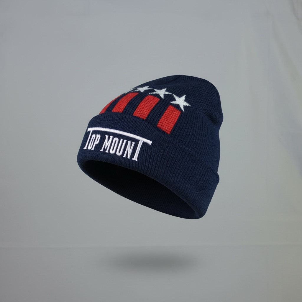 TopmounT Apparel Merica Beanie in navy blue with white embroidered logo, red stripes, and stars patriotic jacquard pattern.