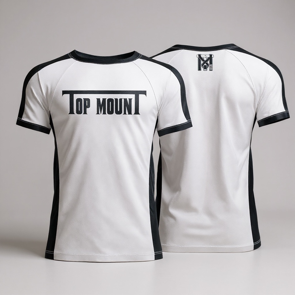 Front and back view of Top Mount white and black custom ranked BJJ rashguard with compression fit for training.