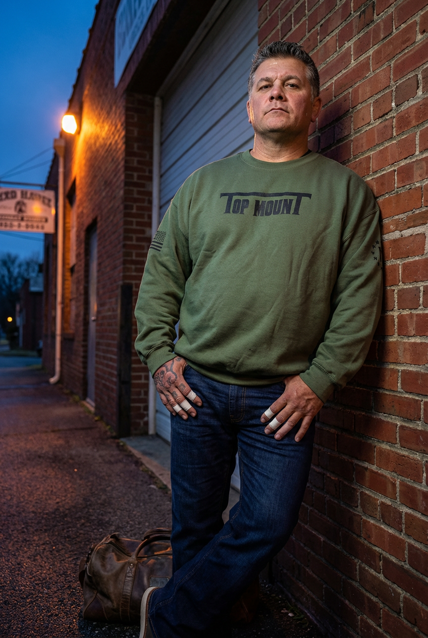 Man in a TopmounT military green Jiu Jitsu crewneck with an American flag sleeve logo leaning against a brick wall.