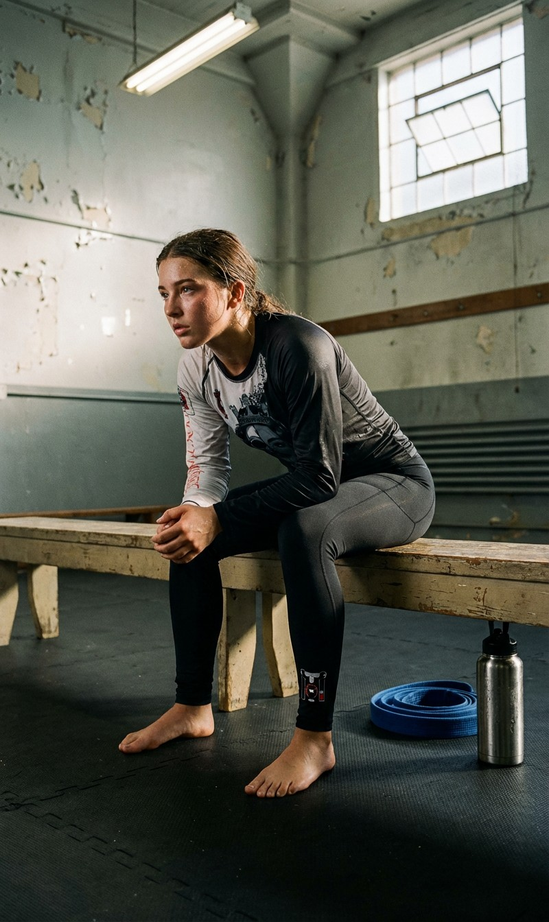 Youth girl in Top Mount BJJ spats and rash guard sitting on a gym bench with a blue belt and water bottle nearby.