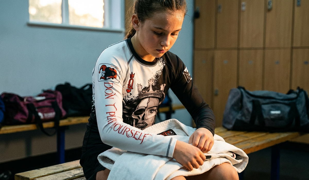 Youth girl in a locker room wearing a Savage Queen BJJ Long Sleeve Rashguard with Don't Play Yourself sleeve art.