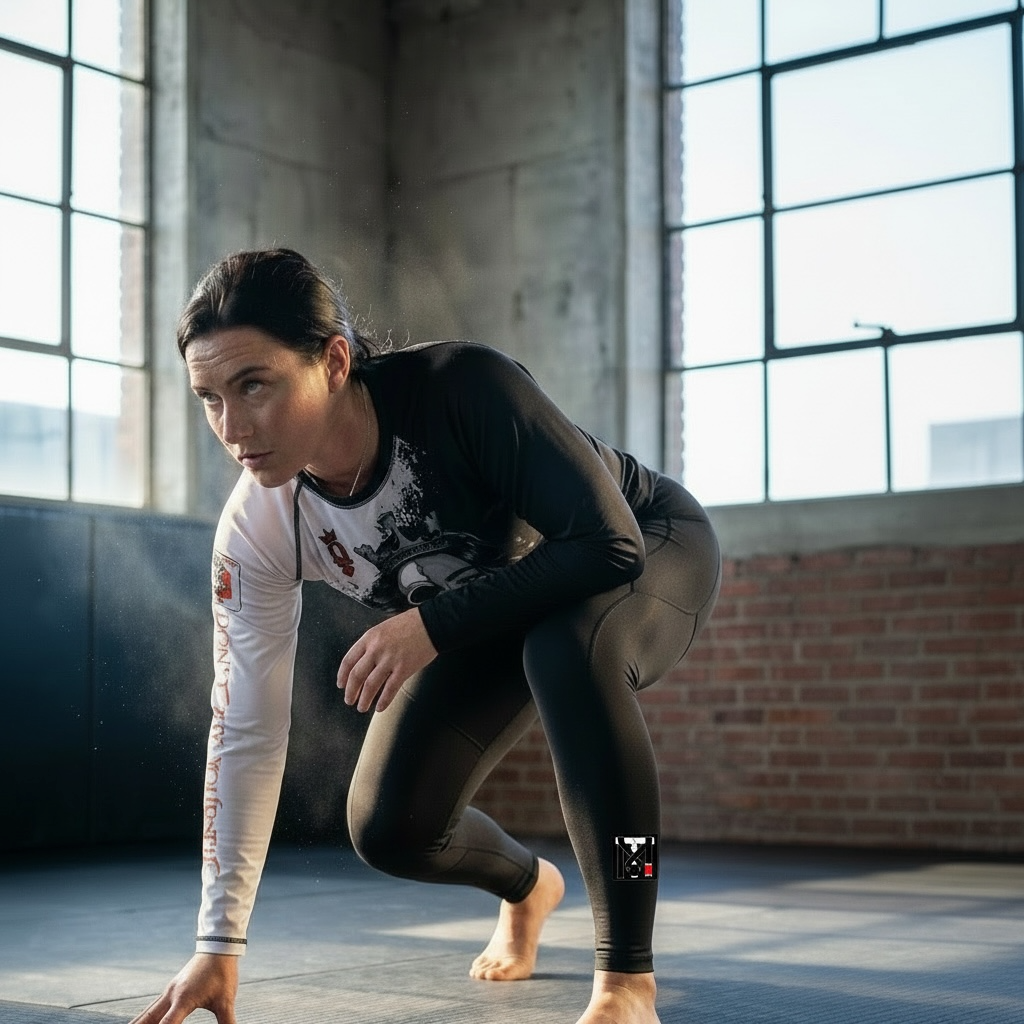 Woman in Top Mount Savage Queen long sleeve BJJ rashguard and black spats training on jiu-jitsu mats.