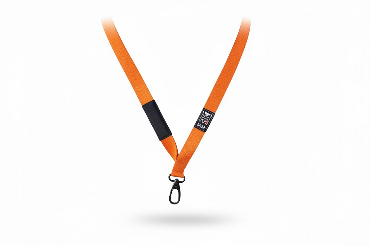 TopmounT orange Jiu Jitsu ranked lanyard with heavy-duty metal swivel hook and woven logo patch on white background.