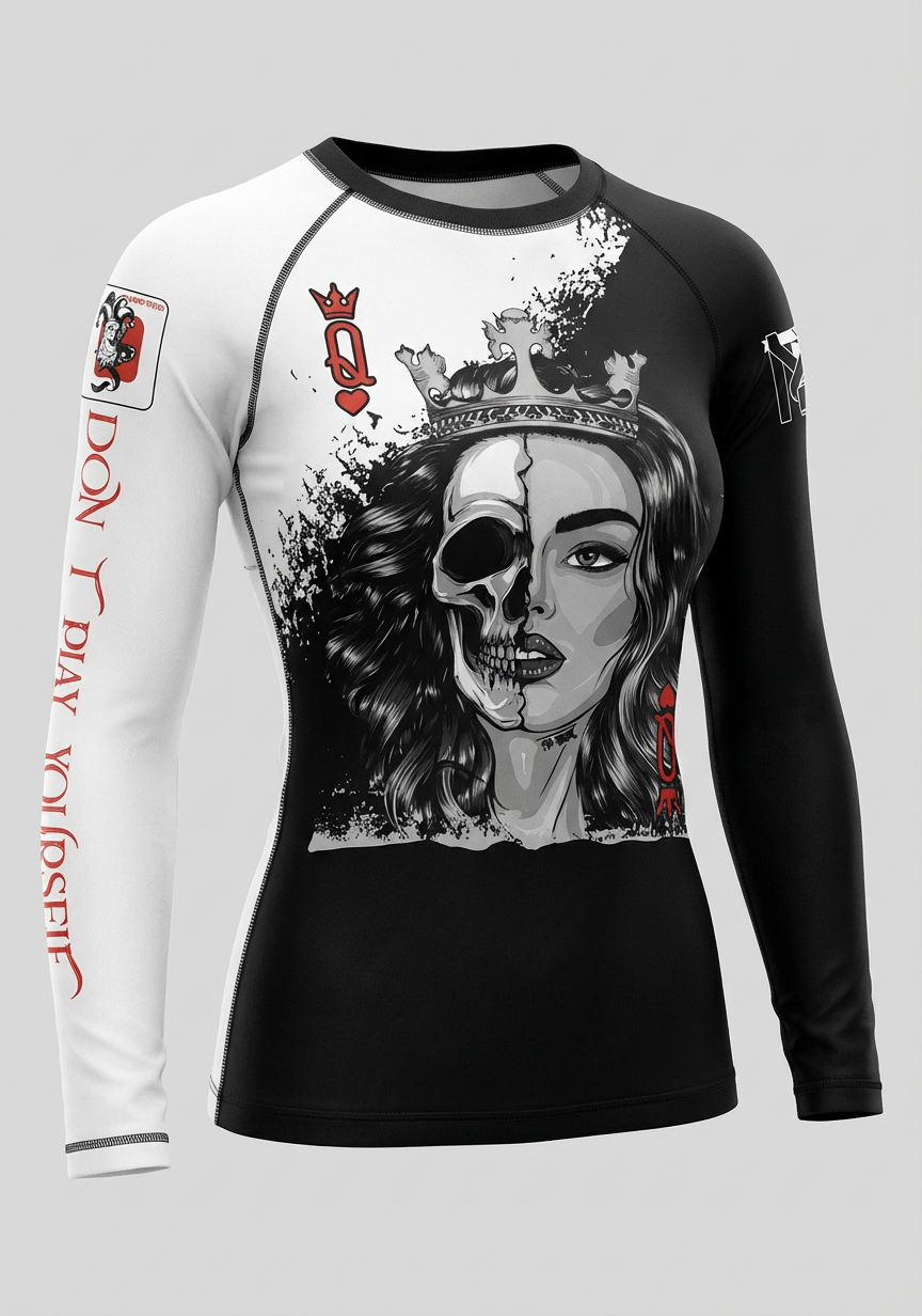 Women's BJJ Long Sleeve Rashguard featuring a Savage Queen skull design with Don't Play Yourself sleeve text.