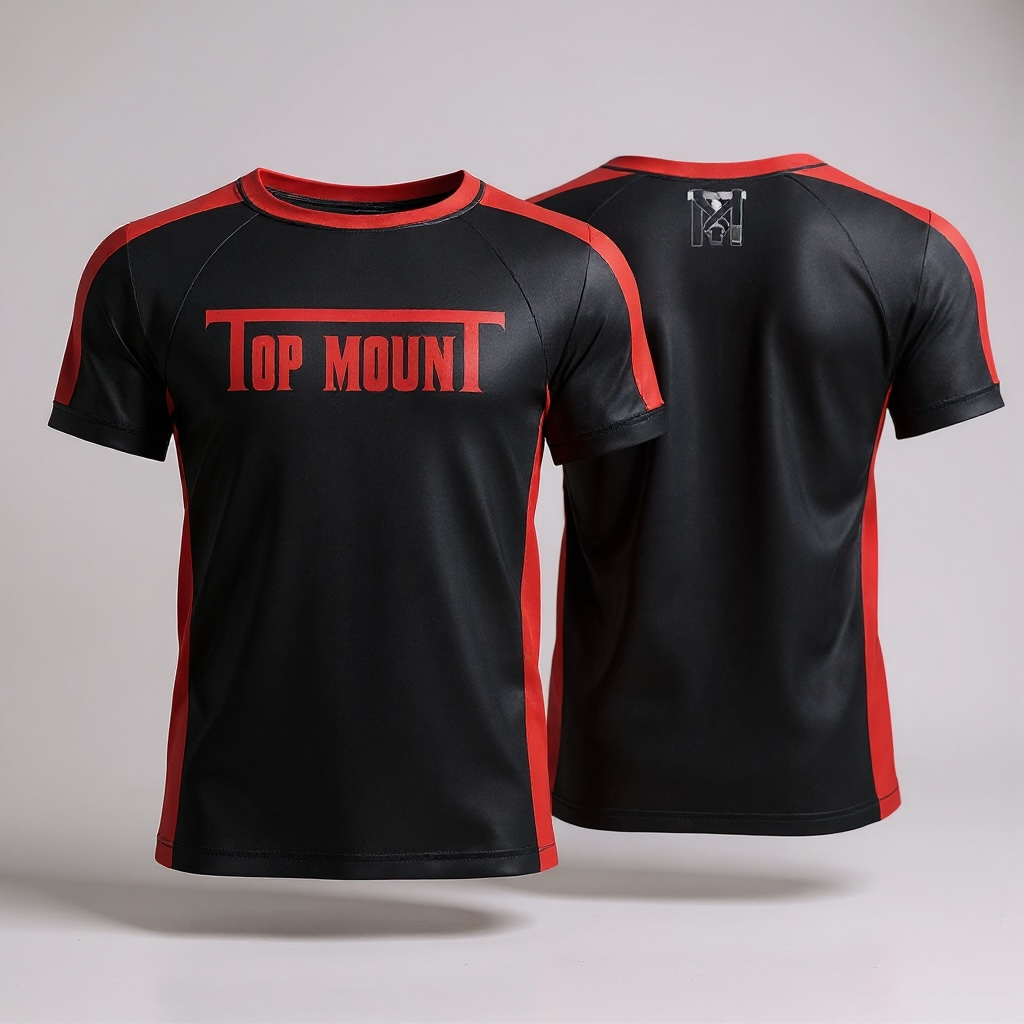 Front and back of a red and black Top Mount short sleeve ranked BJJ rashguard with compression fit for grappling.