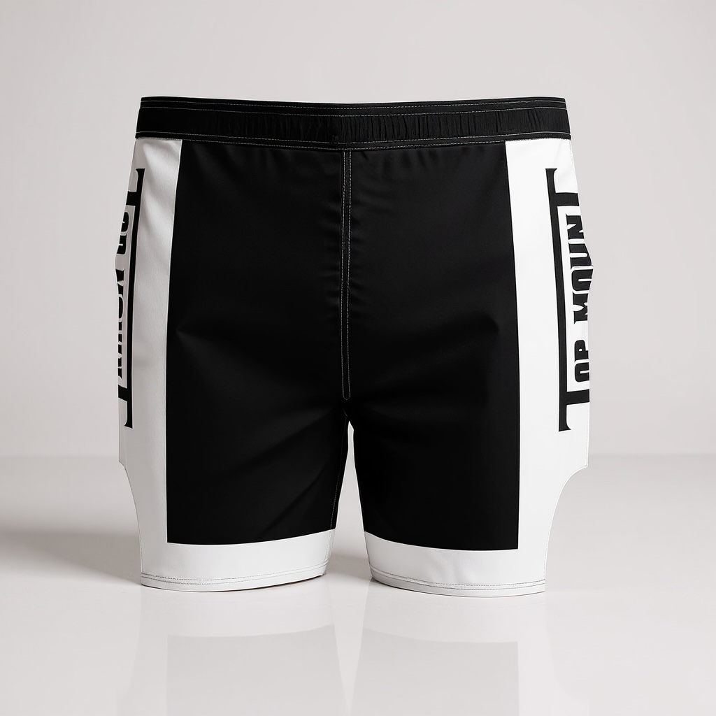 Top Mount Apparel No-Gi Grappling Hybrid Shorts in black and white with reinforced stitching for Jiu-Jitsu training.
