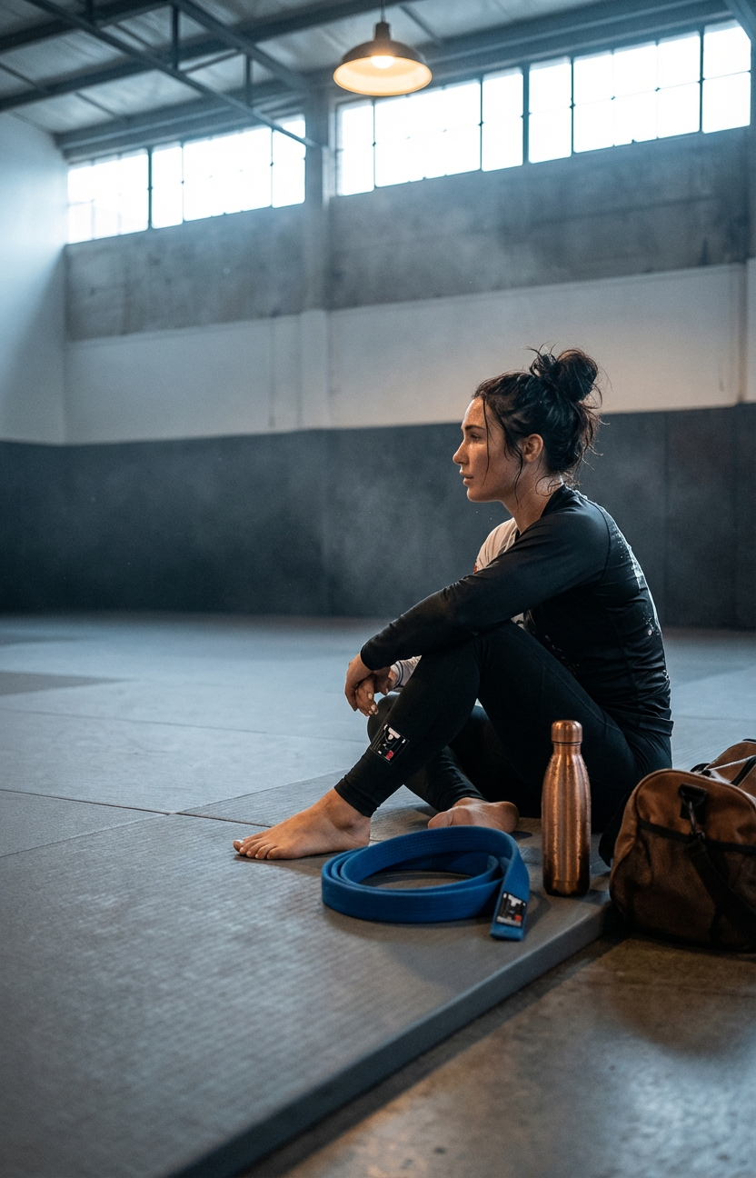 Woman in Top Mount black BJJ spats and grappling leggings sitting on gym mats with a blue belt.