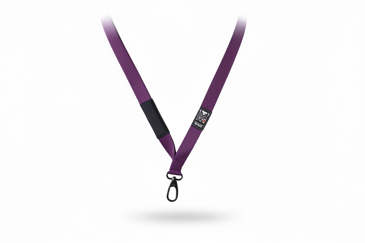 TopmounT Purple Jiu Jitsu Ranked Lanyard featuring heavy-duty weave, black bar sleeve, and industrial metal swivel hook.