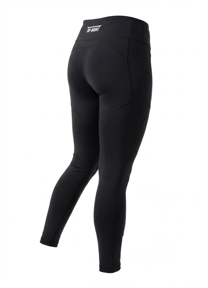 Rear view of women's black BJJ spats showing Top Mount logo, reinforced flatlock stitching, and compression fit.