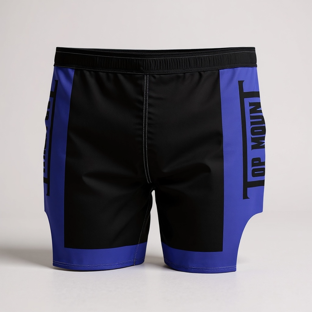 Top Mount black and purple No-Gi grappling hybrid shorts with reinforced white stitching for IBJJF tournaments.