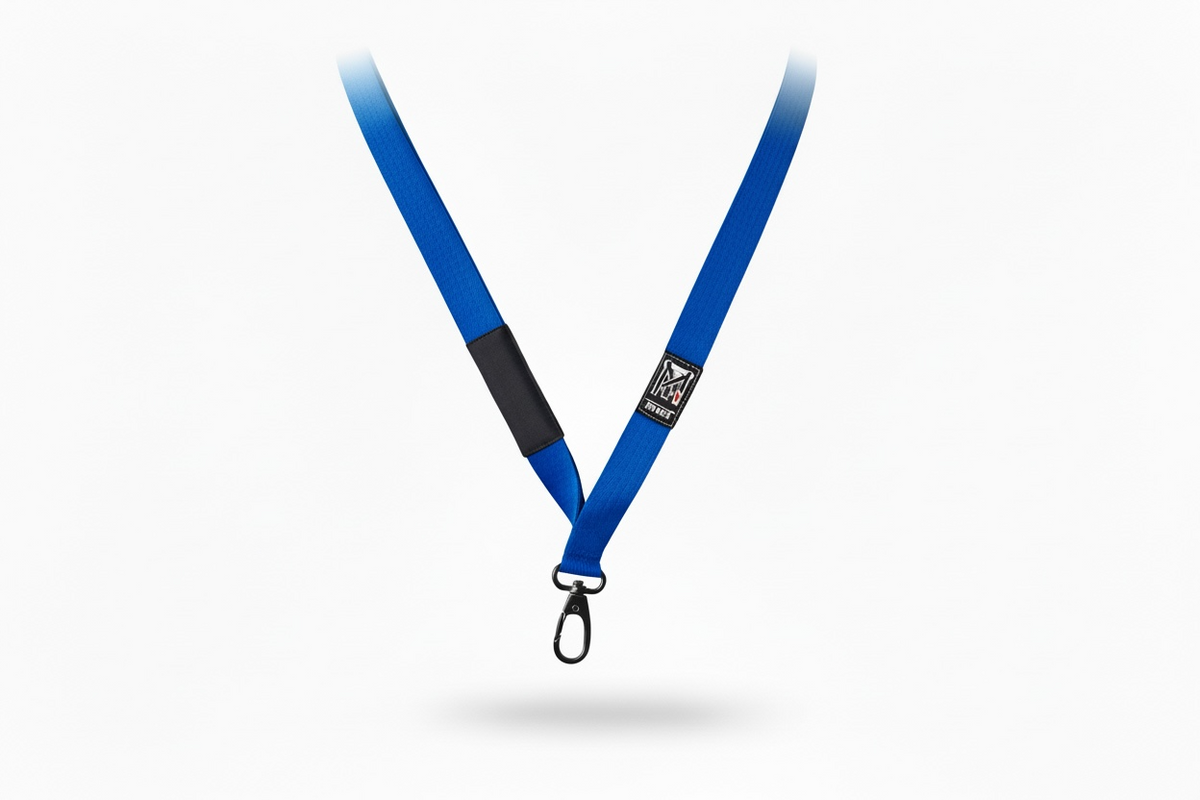 TopmounT Blue Belt Jiu Jitsu Lanyard with black rank bar, woven logo, and heavy-duty metal swivel hook on white background.