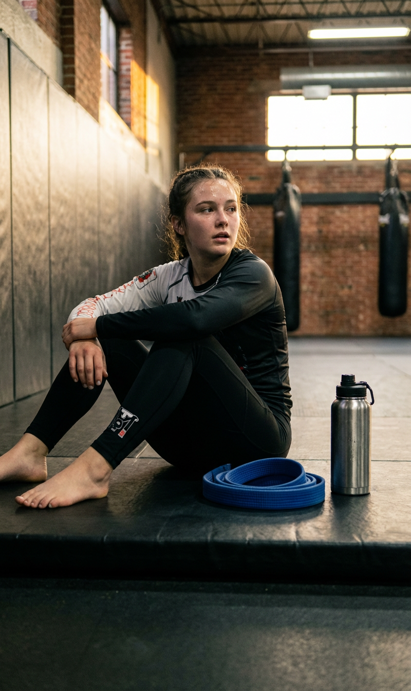 Youth girl athlete sitting on mats wearing black Top Mount BJJ spats and compression leggings with her blue belt nearby.