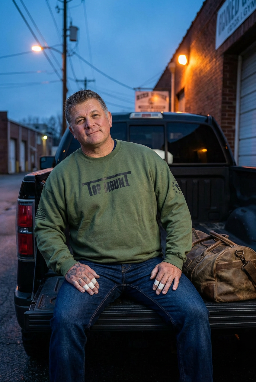 Man in Military Green TopmounT Jiu Jitsu Crewneck on truck tailgate at dawn with a gym bag near a BJJ gym.