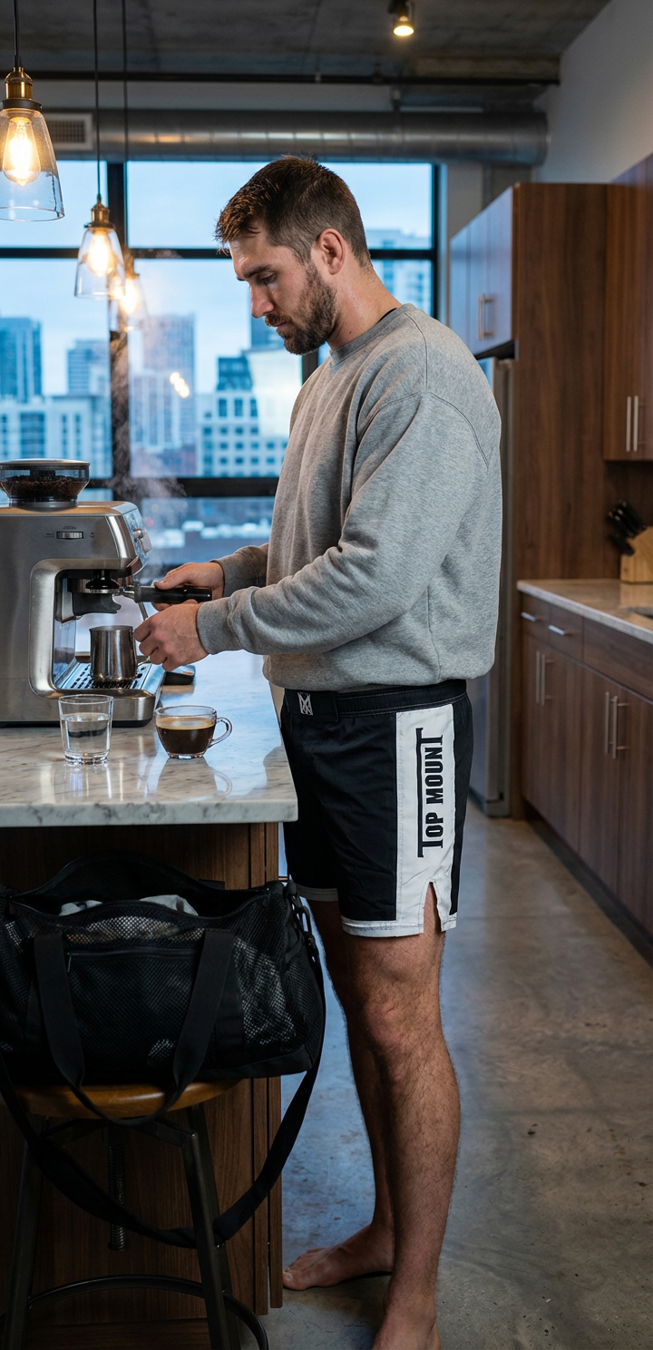 Man wearing Top Mount No-Gi Grappling Hybrid Shorts in black and white while making coffee in a kitchen.