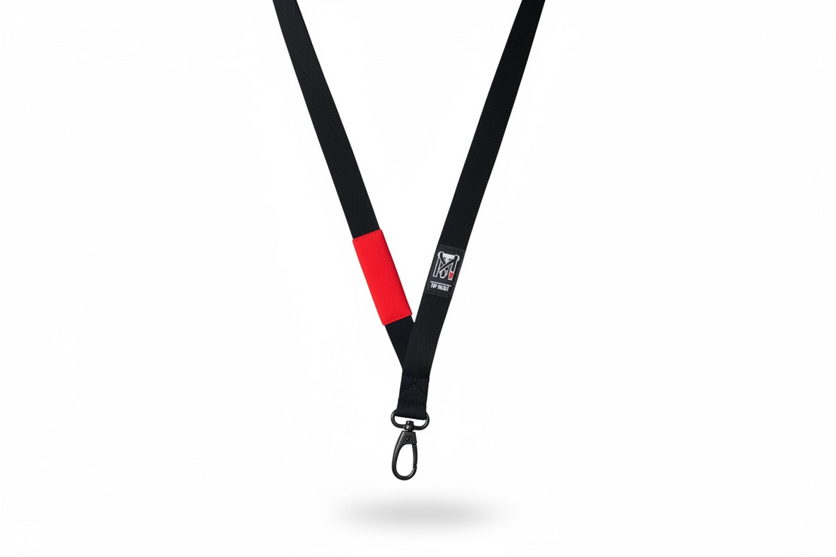 TopmounT Black Belt Ranked Lanyard with red sleeve, TopmounT logo, and heavy-duty metal swivel hook for Jiu Jitsu fans.