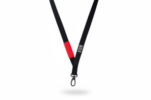 Top Mount Black Belt BJJ Rank Lanyard with red sleeve, woven logo, and durable metal lobster claw clasp.