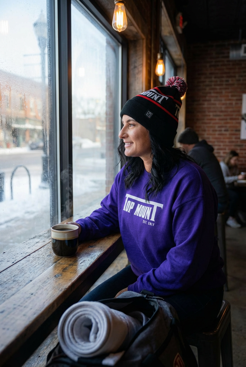 Woman in a purple Top Mount BJJ recovery sweatshirt and pom beanie drinking coffee after Jiu Jitsu training.
