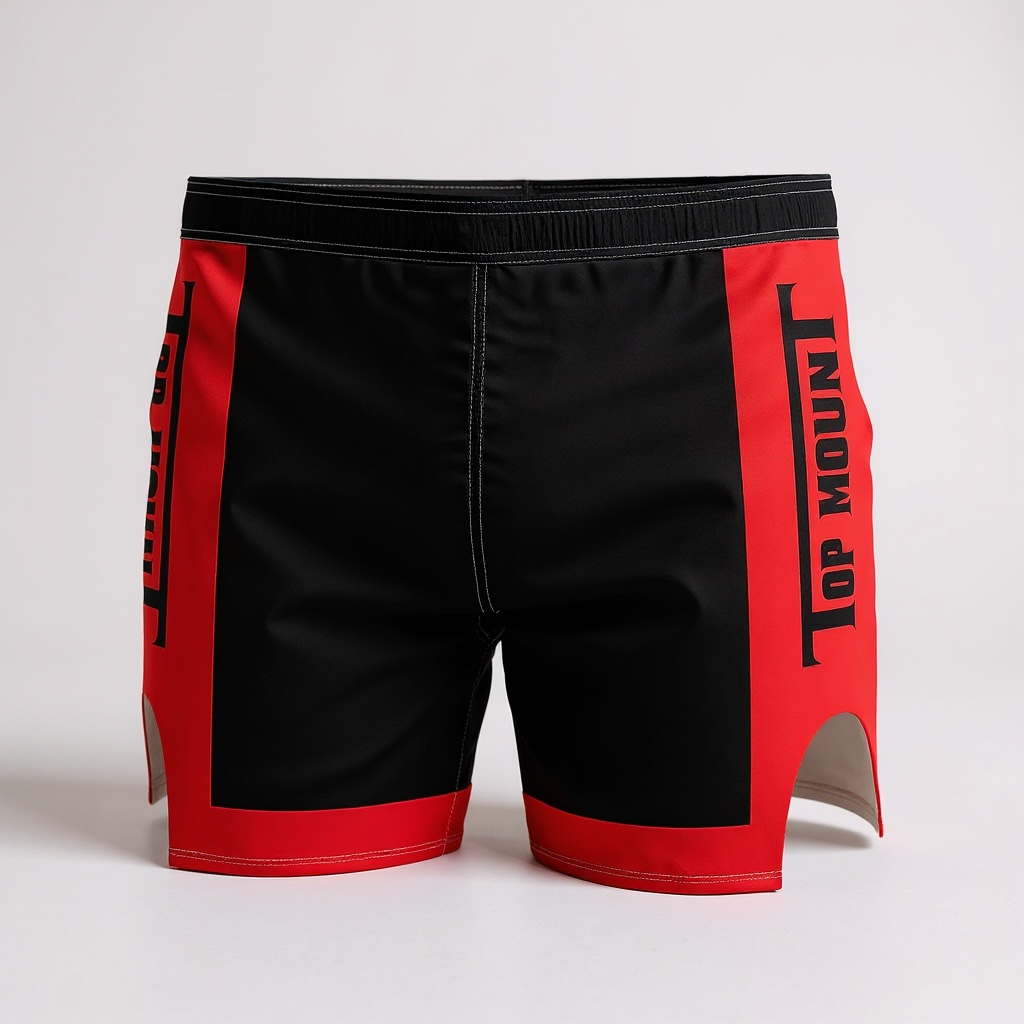 Black and red No-Gi grappling hybrid shorts with side slits, reinforced stitching, and Top Mount Apparel logo.