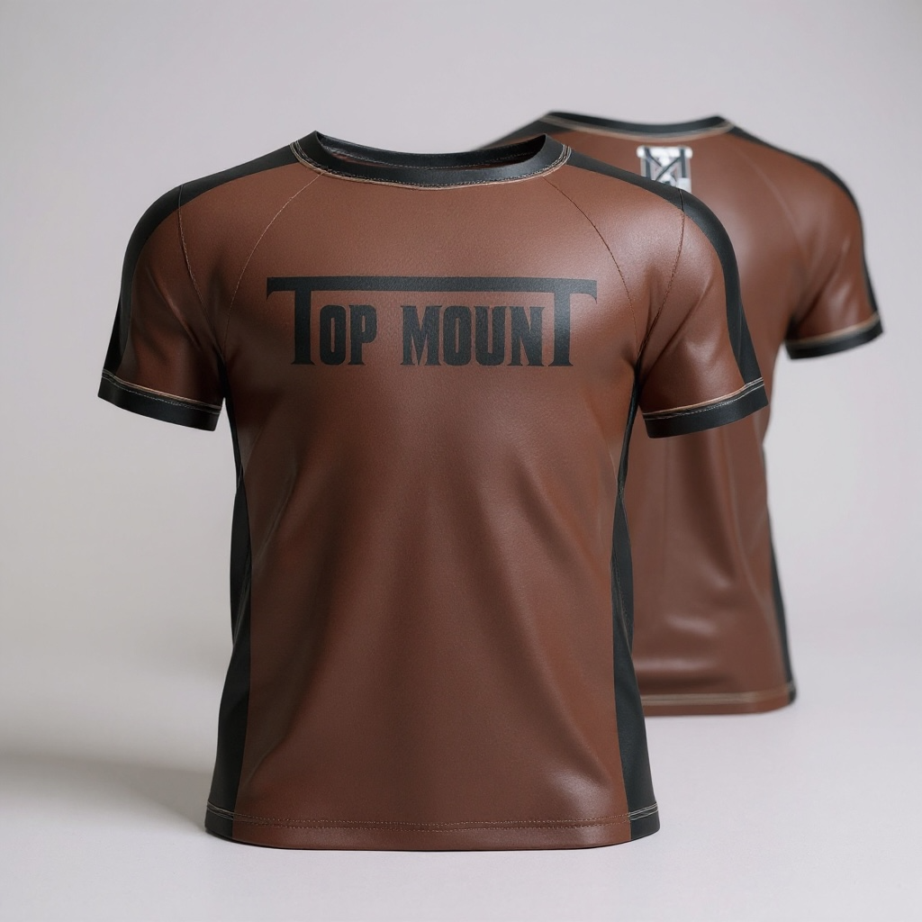 Front and back views of a brown and black short-sleeve Top Mount ranked BJJ rashguard with logo and compression fit.