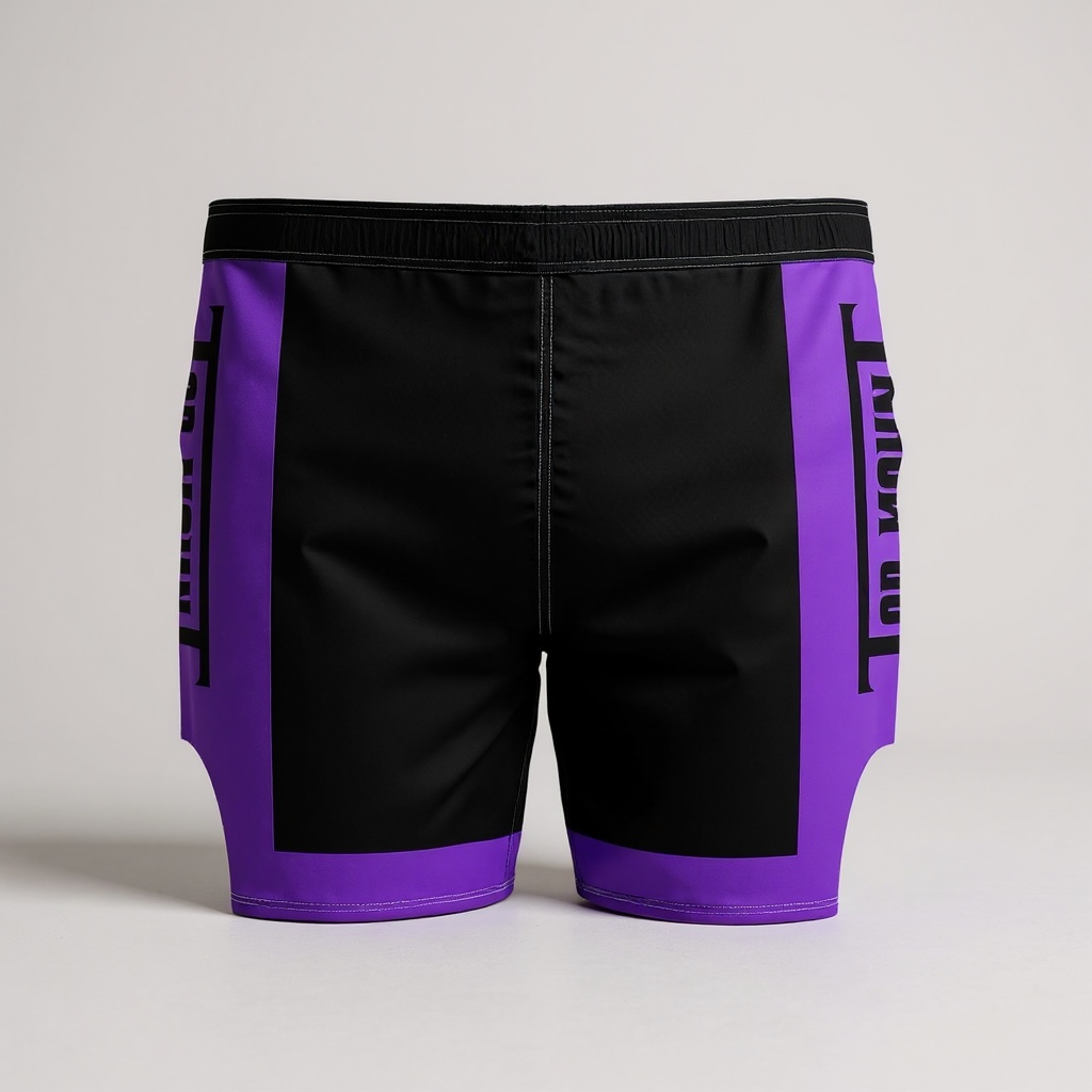 Top Mount black and purple No-Gi grappling hybrid shorts for MMA and IBJJF with reinforced stitching and side logos.