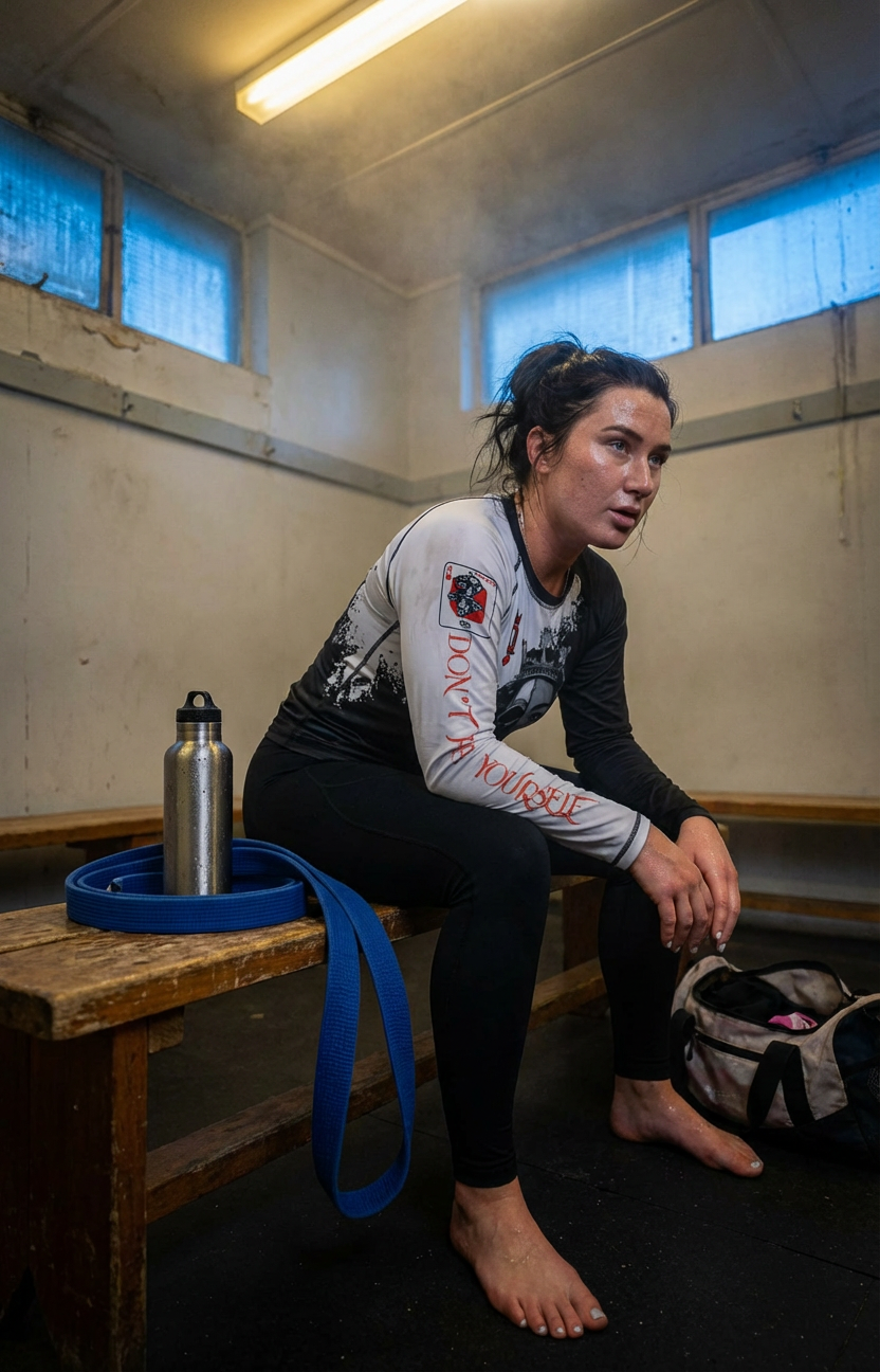 Woman in Savage Queen long sleeve BJJ rashguard resting in locker room with a blue jiu jitsu belt and water bottle.