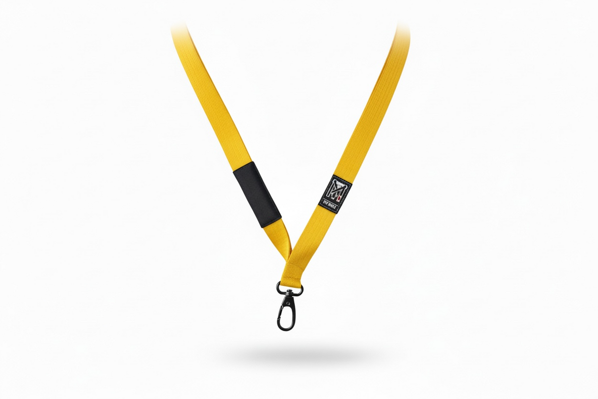 Yellow TopmounT Jiu Jitsu ranked lanyard with black rank bar, woven logo, and heavy-duty metal swivel hook.