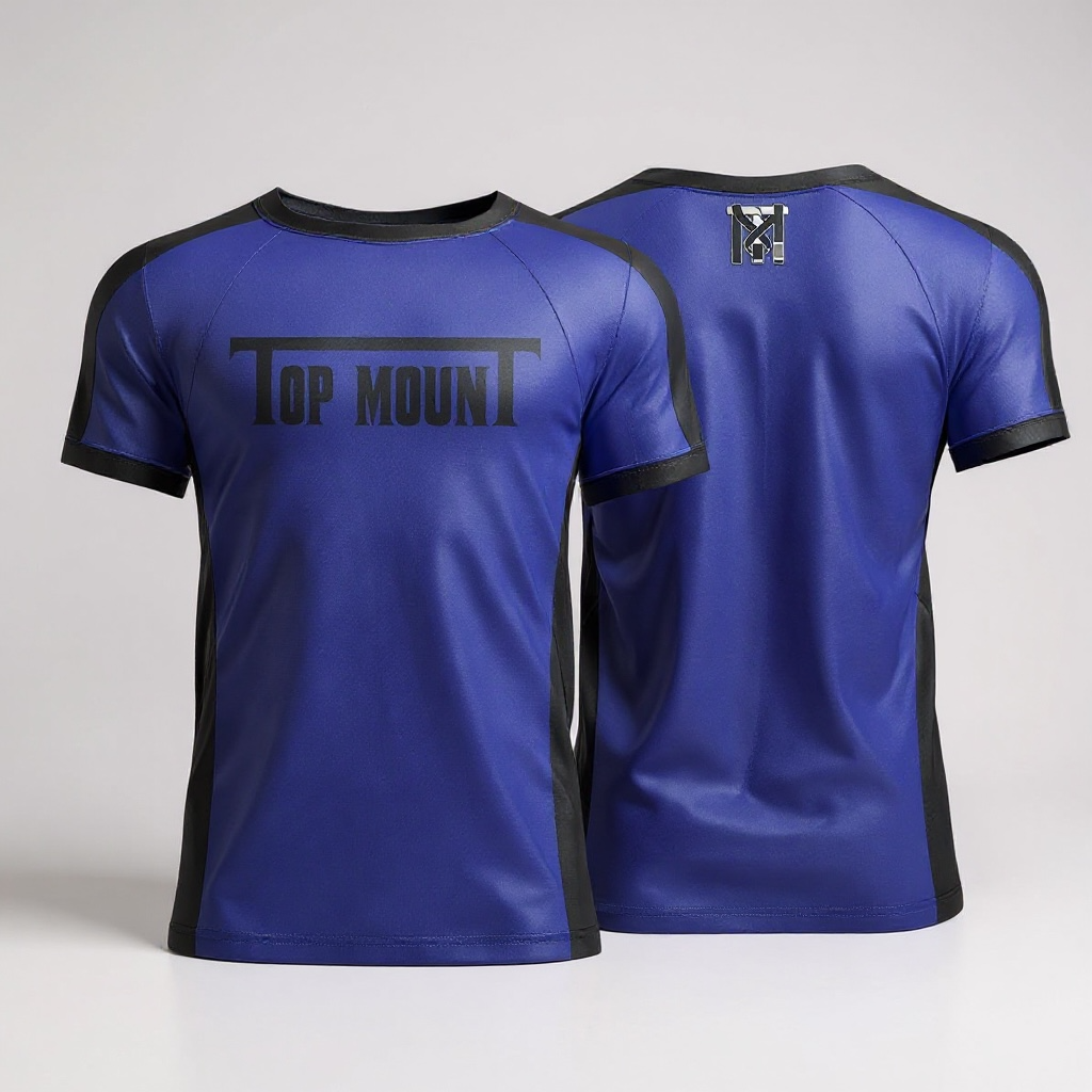 Front and back views of a blue Top Mount Ranked BJJ Rashguard with black side panels for MMA and grappling.