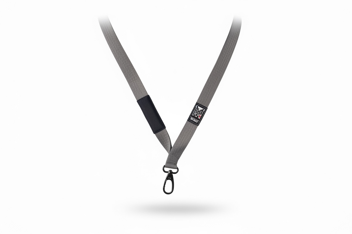 TopmounT grey Jiu Jitsu rank lanyard with black stripe detail, TopmounT logo, and metal swivel hook on white background.