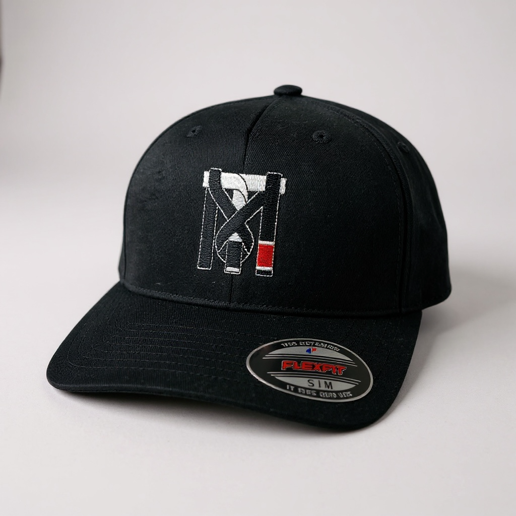Black Top Mount BJJ Flex Fit hat featuring a white and red embroidered Jiu Jitsu gi belt logo on a structured crown.