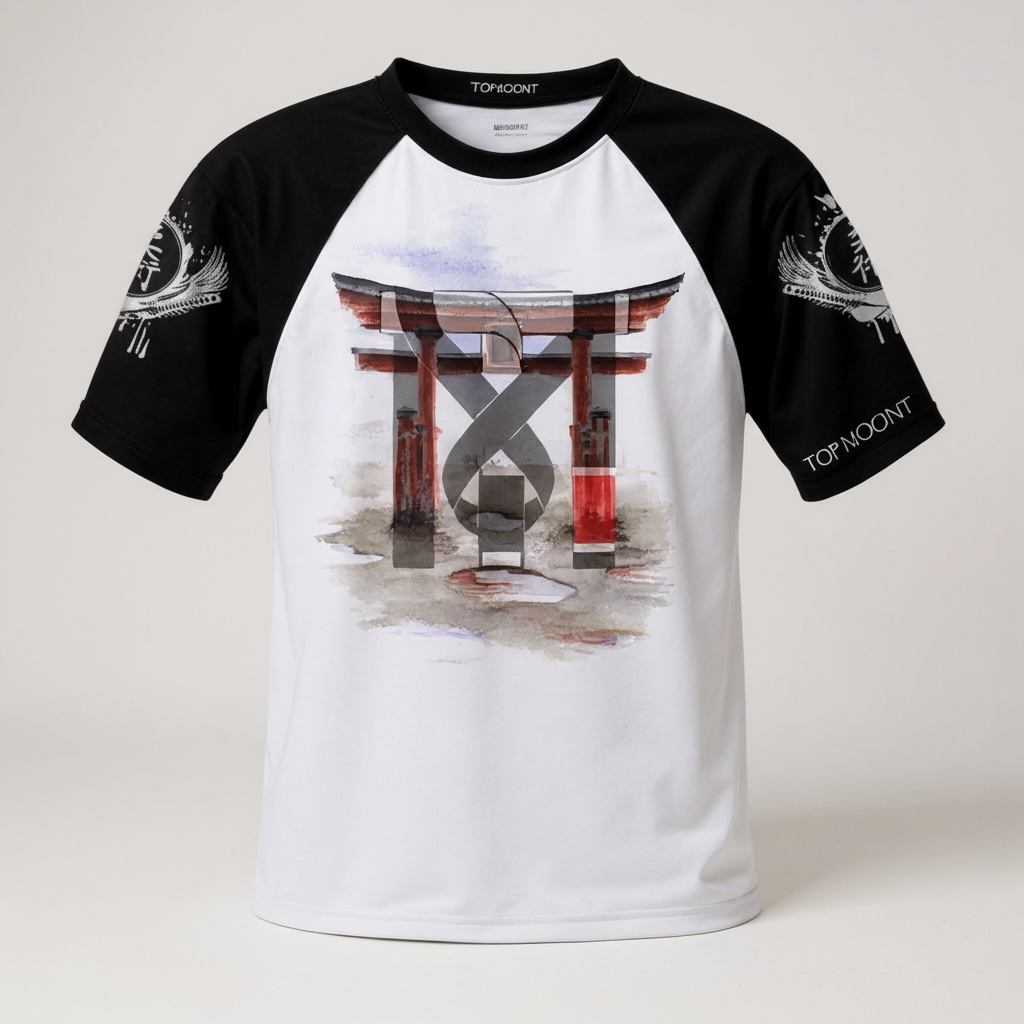 Top Mount Torii Warrior BJJ Rash Guard for MMA featuring a red Japanese gate graphic and black raglan sleeves.
