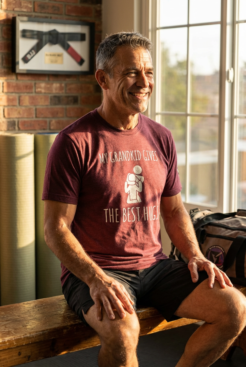Smiling man in a maroon BJJ Grandkid Hug tee featuring a funny rear naked choke graphic in a Jiu Jitsu gym setting.