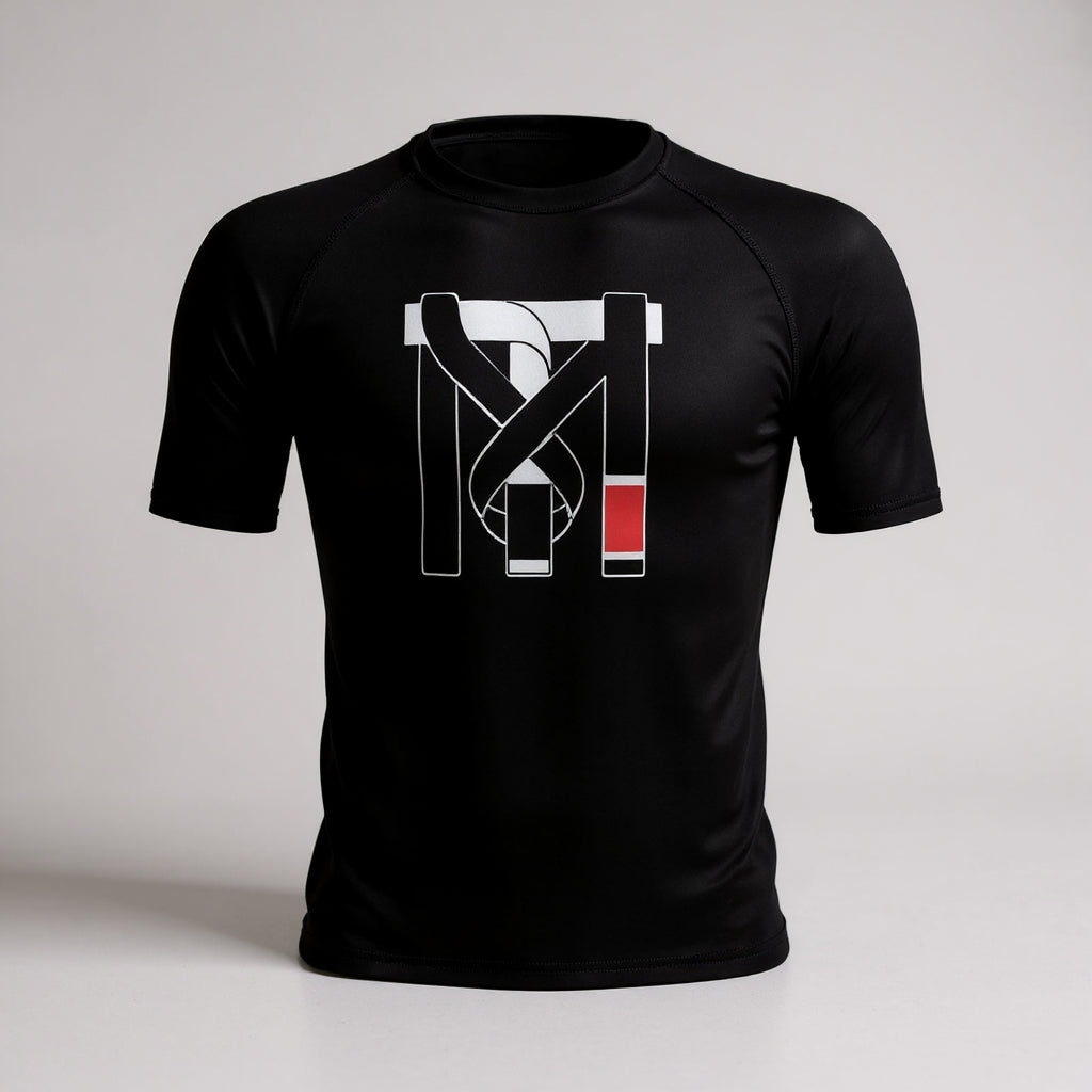 Youth black BJJ rashguard for kids, featuring a white Top Mount martial arts belt logo for no-gi jiu-jitsu training.