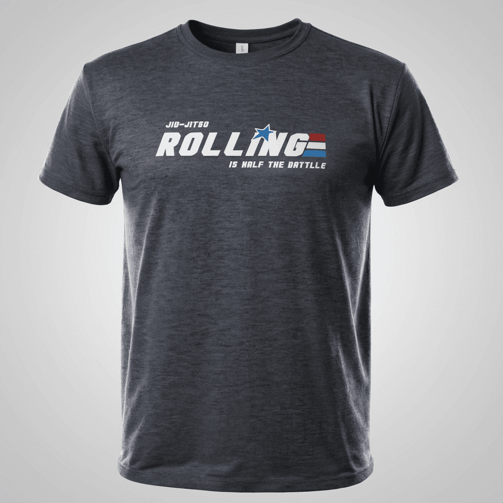 Charcoal heather BJJ lifestyle t-shirt with 80s inspired 'Rolling Is Half The Battle' graphic on the chest.