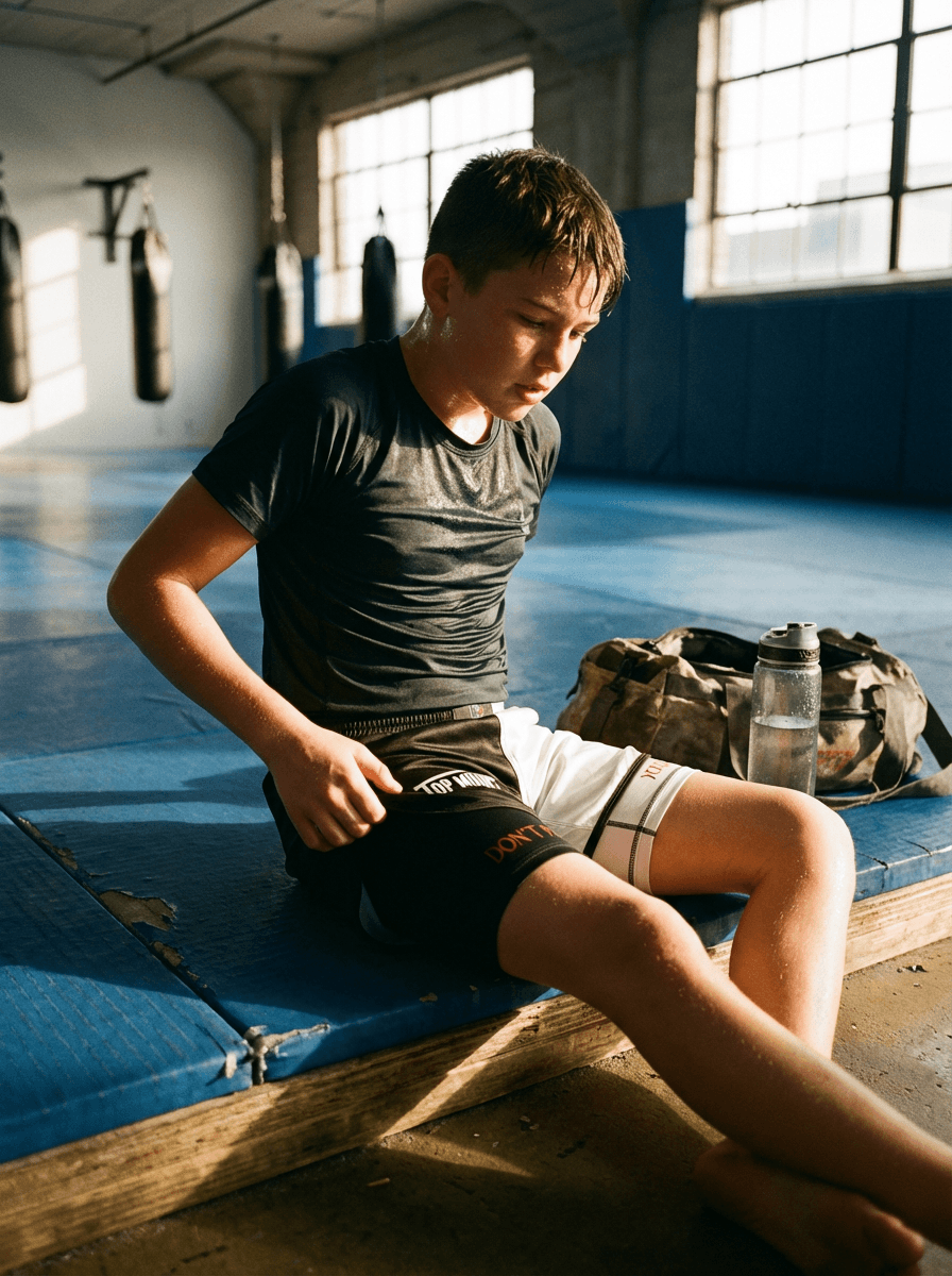 Youth athlete in TopmounT Savage Queen dual-layer BJJ shorts with black and white split design on blue gym mats.