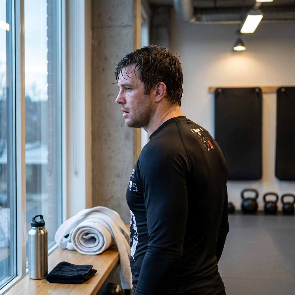 Athlete wearing the black Dia De Los Jiujiteiros long sleeve BJJ rash guard in a gym with a rolled white gi.