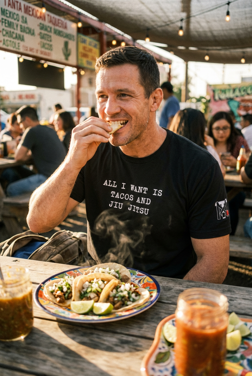 Man in black BJJ Tacos Graphic Tee eating at an outdoor taqueria with visible sleeve logo and jiu jitsu lifestyle theme.