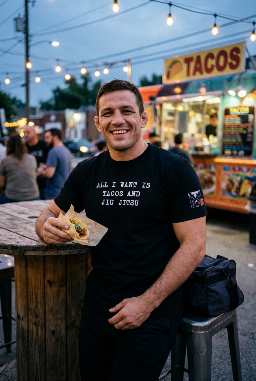 Smiling man in a black BJJ Tacos Graphic Tee by a food truck. Features Top Mount sleeve logo and martial arts quote.