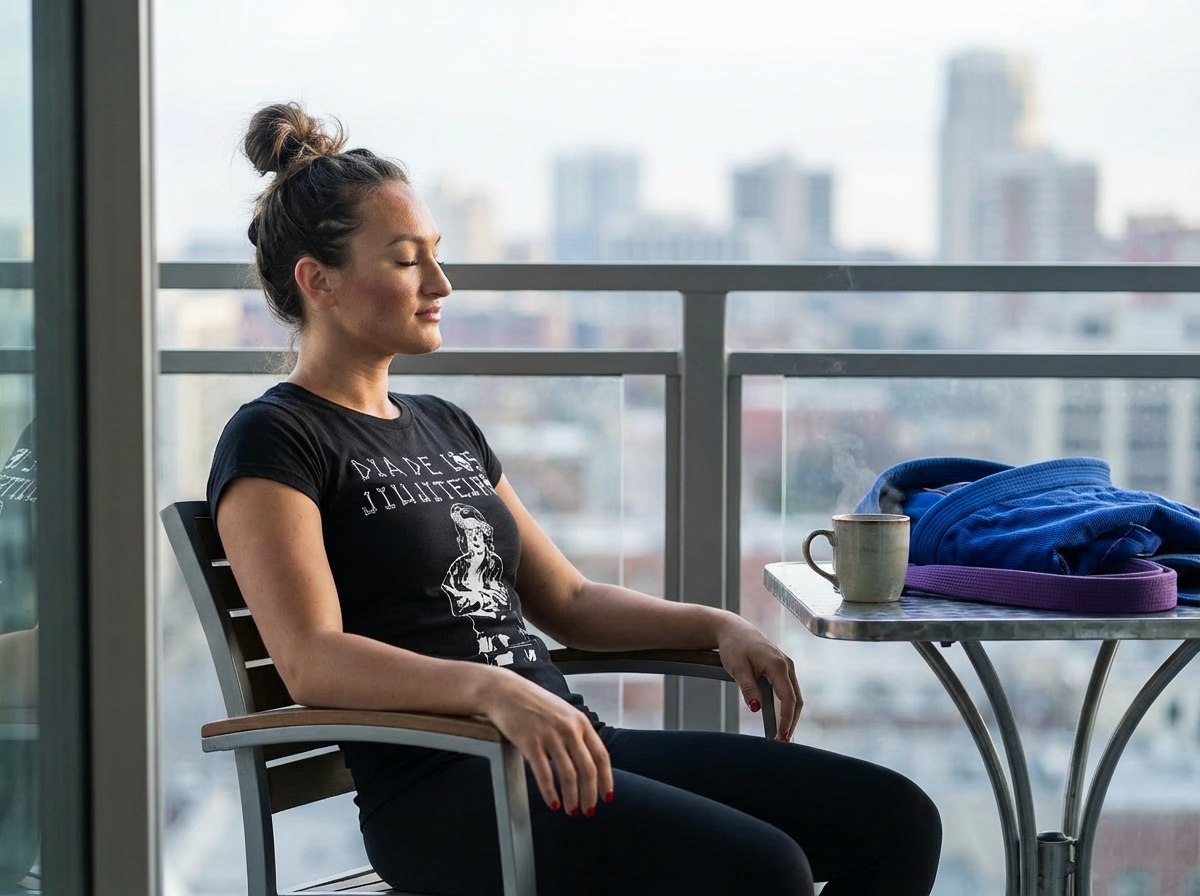 Woman in a Dia De Las Jiujiteiras Women's BJJ Tee relaxing on a balcony with a blue gi and coffee mug.