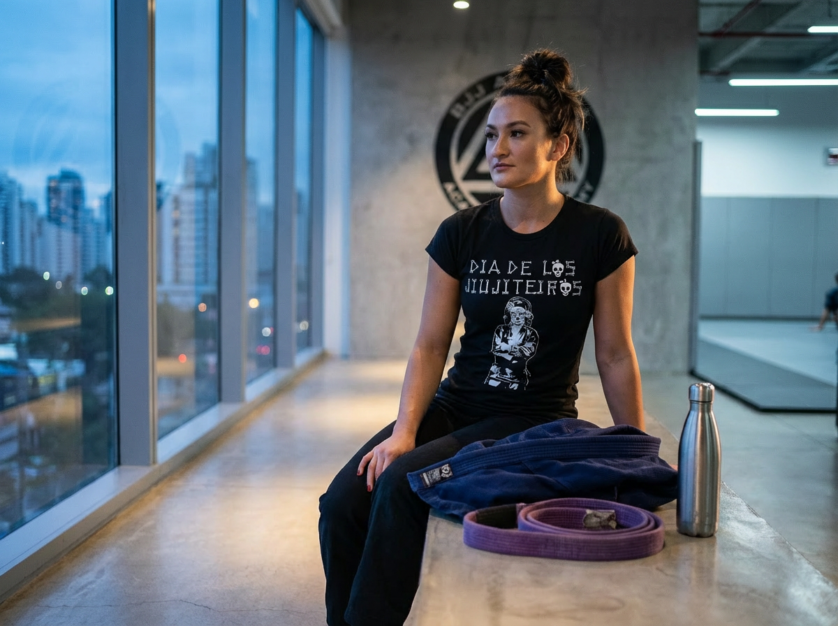 Woman in black Dia De Las Jiujiteiras Women's BJJ Tee sitting in a gym with a blue gi and purple belt near a window.
