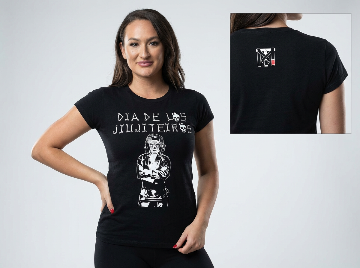 Woman in the black Dia De Las Jiujiteiras BJJ Tee with sugar skull graphic and inset showing back neck logo.