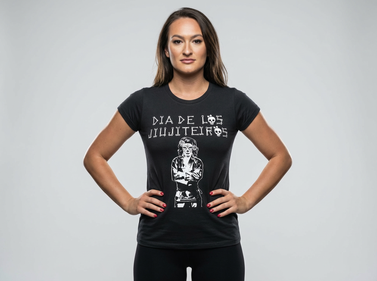 Woman wearing the black Dia De Las Jiujiteiras BJJ Tee featuring a sugar skull jiujiteira graphic by Top Mount Apparel.