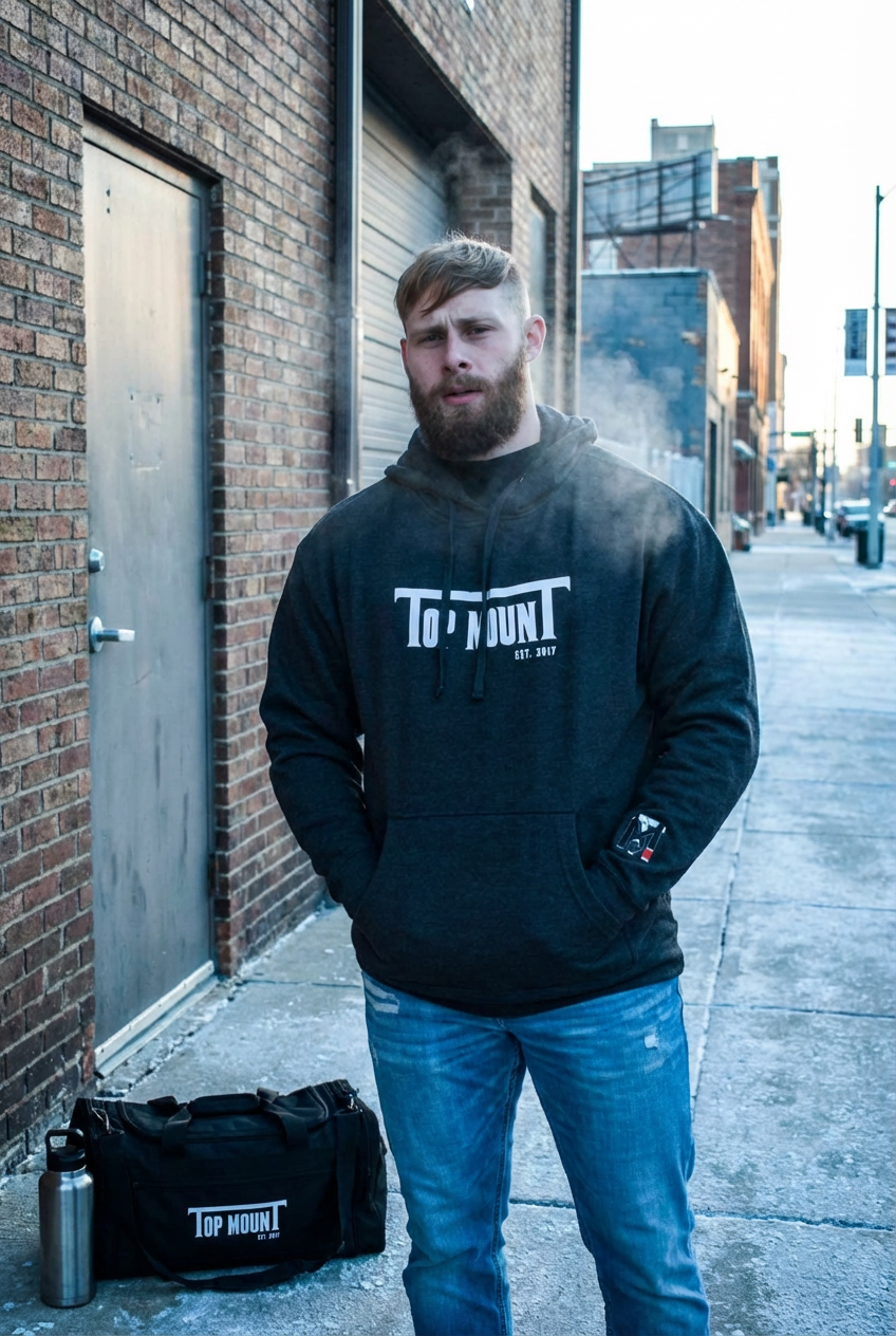 Man in charcoal Top Mount Jiu Jitsu Heavyweight Fleece Hoodie standing on a snowy sidewalk after a BJJ training session.