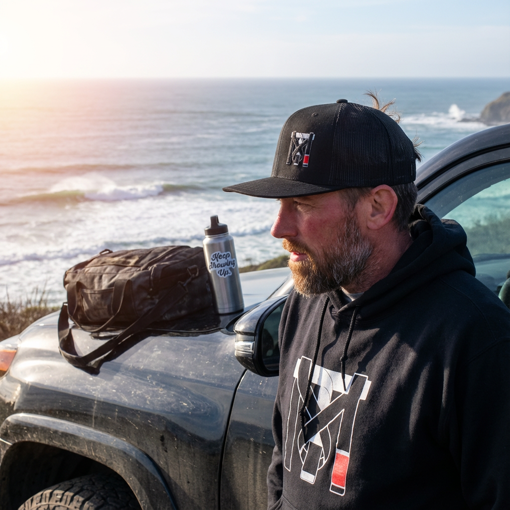 Man wearing a Top Mount black BJJ Warrior Trucker Hat and hoodie by the coast, a perfect post-training hair solution.