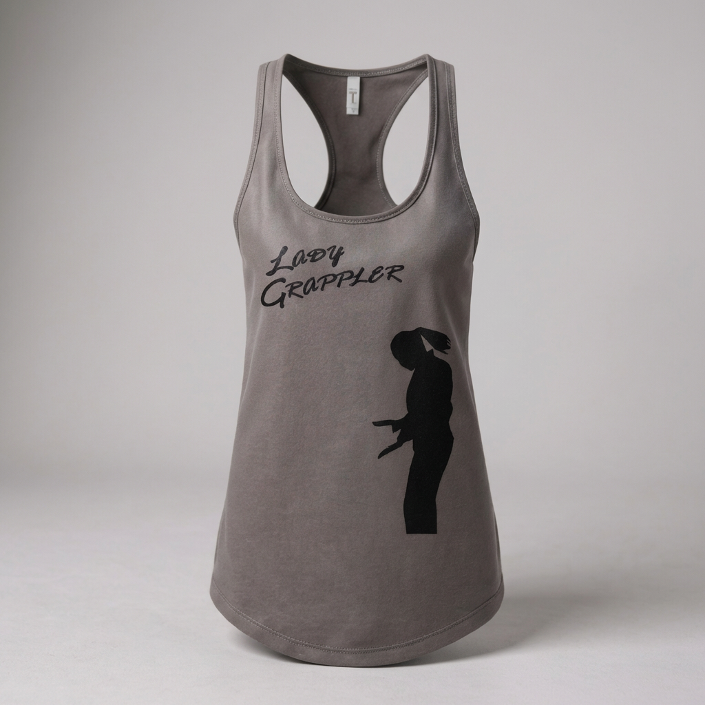 Gray Lady Grappler BJJ racerback tank top for women featuring a black female jiu-jitsu athlete silhouette.
