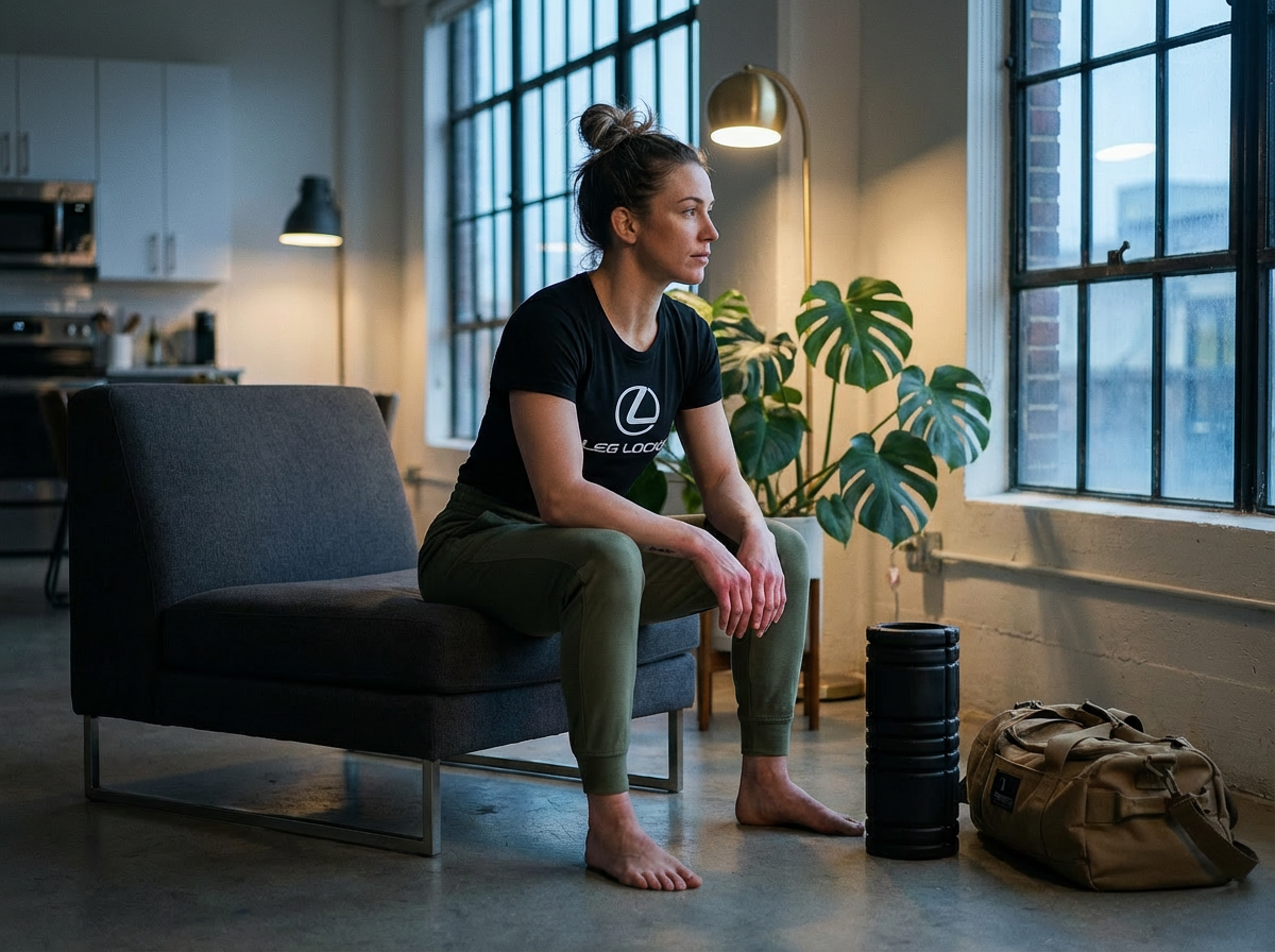 Woman in Women's BJJ Leg Locks Tee and olive joggers sitting in a loft with gym gear, foam roller, and a duffel bag.