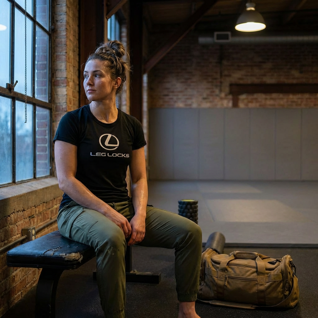 Woman in Women's BJJ Leg Locks black graphic tee sitting in a gym near mats and a gear bag.