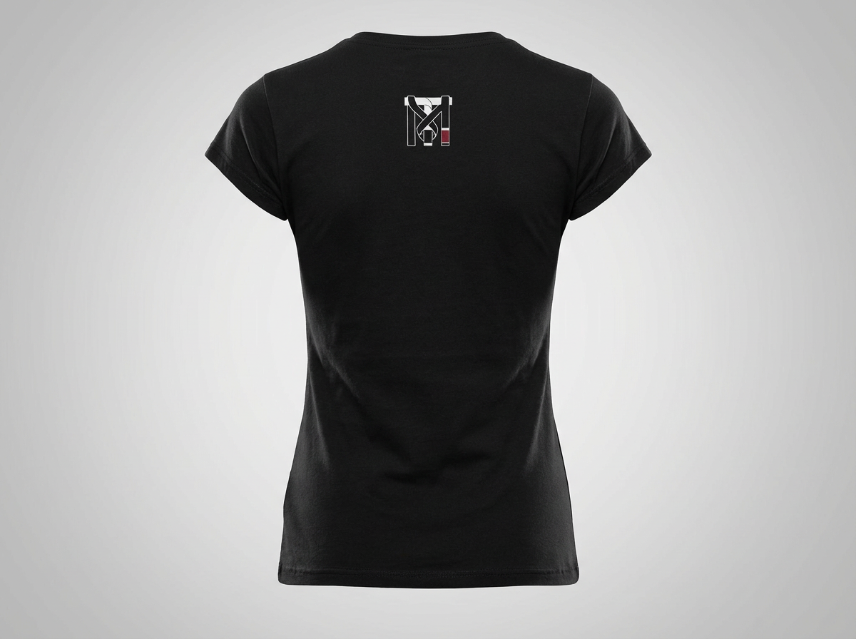 Back of women's black BJJ Leg Locks tee featuring a small white and red Top Mount Apparel logo on the upper back.